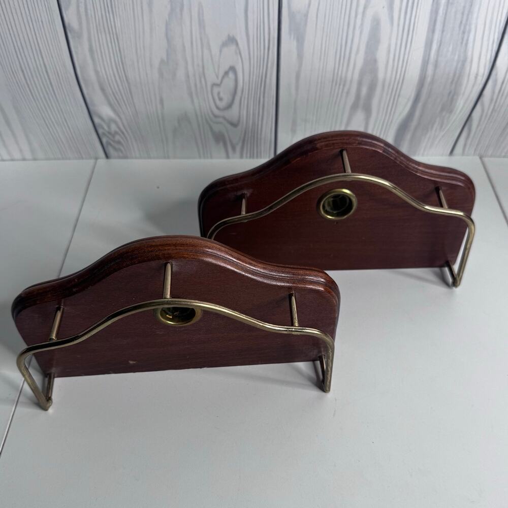 Vintage Wood Wall Mounted Candle Sconce Shelf Brass Gallery Rail 1980s Set 2